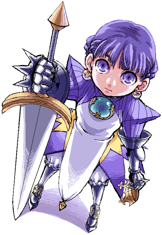 armor armored_dress bad_id bad_pixiv_id boots braid crown dress earrings expressionless french_braid from_above full_body gauntlets gem gloves gradriel greaves huge_weapon jewelry knee_boots kotomozou oekaki princess_crown purple_eyes purple_hair short_hair solo sword weapon white_bloomers