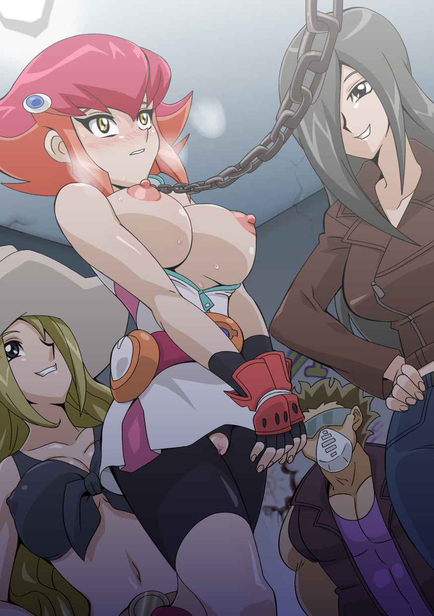 3girls areolae bare_shoulders bdsm belt bike_shorts black_eyes black_hair blonde_hair blush bondage bound breasts chains cleavage clenched_teeth fingerless_gloves gloves hair_over_one_eye hat highres jacket kitamori_reiko kouzuki_anna large_breasts legs long_hair multicolored_hair multiple_girls nipples no_bra no_panties open_clothes short_hair slave smile standing straw_(artist) straw_(yokubou_hiroba) sunglasses sweat teeth thighs tied_up torn_clothes yellow_eyes yu-gi-oh! yuu-gi-ou_zexal