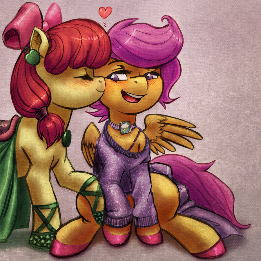 &lt;3 2013 apple_bloom_(mlp) blush bow chromaskunk clothing colored cub cute duo ear_piercing equine eyes_closed female feral friendship_is_magic hair horse kevinsano kissing lesbian mammal my_little_pony necklace necklaces pegasus piercing plain_background pony purple_eyes purple_hair red_hair saddle scootaloo_(mlp) white_background wings young