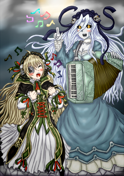 accordion blonde_hair breasts cardfight!!_vanguard cleavage cleavage_cutout dress eyepatch fashion frills gothic_lolita granblue headband instrument lolita lolita_fashion long_hair musical_instrument ripple_banshee rough_seas_banshee singing skull white_hair