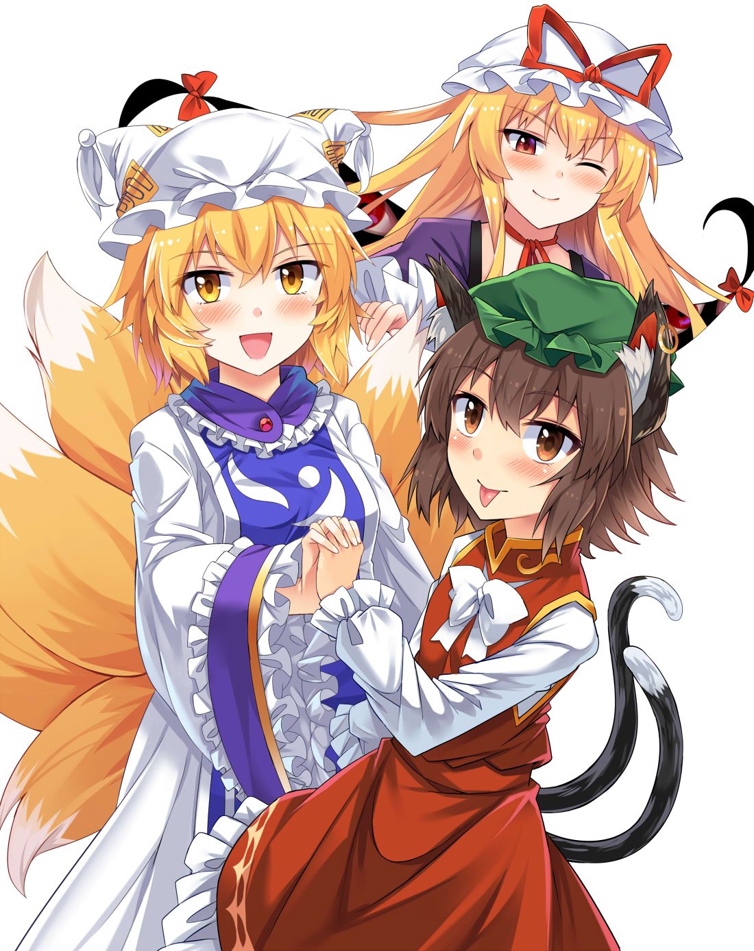 3girls :d :p ;) animal_ear_fluff animal_ears bangs blonde_hair blush bow bowtie breasts brown_eyes brown_hair cat_ears cat_tail chen choker commentary_request cowboy_shot dress e.o. earrings eyebrows_visible_through_hair fox_tail frilled_shirt_collar frilled_sleeves frills gap green_hair hair_between_eyes hand_holding hat hat_ribbon highres interlocked_fingers jewelry long_hair long_sleeves looking_at_viewer medium_breasts mob_cap multiple_girls multiple_tails nekomata ofuda one_eye_closed open_mouth petticoat pillow_hat purple_dress red_bow red_choker red_dress red_eyes red_ribbon ribbon ribbon_choker shirt short_hair sidelocks simple_background smile tabard tail tongue tongue_out touhou two_tails white_background white_bow white_dress white_hat white_neckwear white_shirt wide_sleeves yakumo_ran yakumo_yukari yellow_eyes