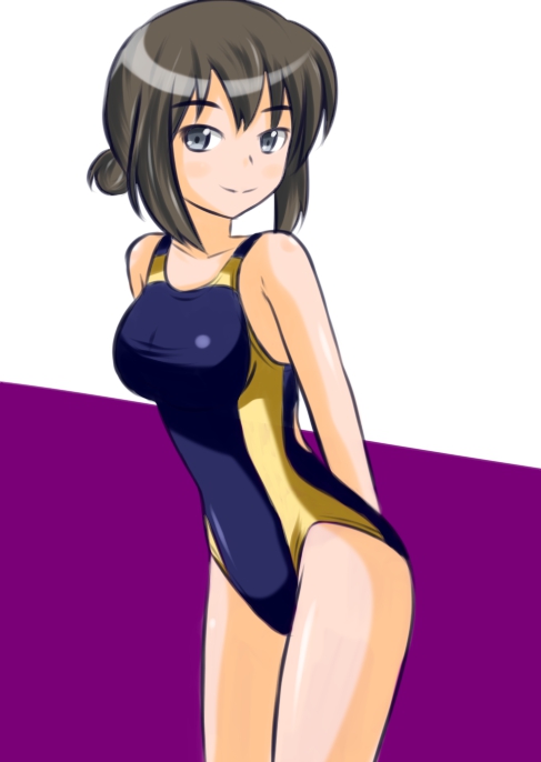 a-ktoo a_channel black_eyes brown_hair competition_swimsuit hair_bun kitou_kimiko one-piece_swimsuit short_hair swimsuit