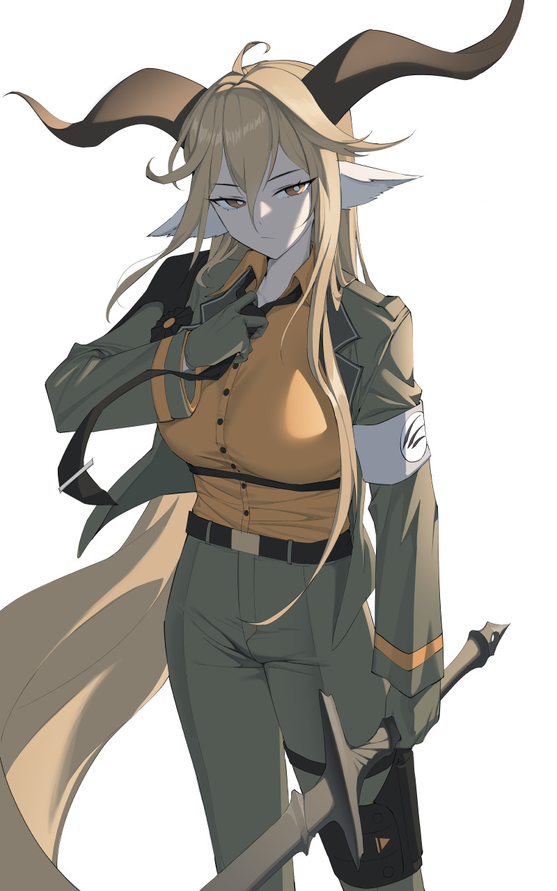 1girl :/ adjusting_clothes adjusting_necktie ahoge animal_ears arknights armband backlighting belt black_belt black_necktie blonde_hair breasts bright_pupils brown_horns buttons closed_mouth collared_shirt cowboy_shot degenbrecher_(arknights) dress_shirt expressionless gloves goat_ears goat_girl goat_horns green_gloves green_jacket green_pants hair_between_eyes hand_up highres holding holding_sword holding_weapon horns jacket lapels large_breasts long_bangs long_hair long_sleeves looking_at_viewer military_jacket necktie open_clothes open_collar open_jacket orange_shirt pants shirt sidelocks siguya simple_background solo standing sword thigh_strap tie_clip untying very_long_hair weapon white_background white_pupils wind yellow_eyes