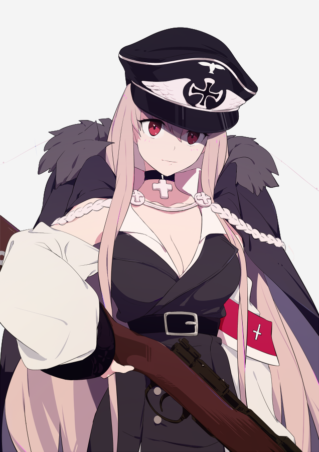 1girl aiguillette bolt_action breasts choker cleavage closed_mouth cross cross_choker fur_trim girls'_frontline grey_background gun hair_between_eyes hat holding holding_gun holding_weapon iron_cross kar98k_(girls'_frontline) large_breasts light_brown_hair long_hair long_sleeves mauser_98 peaked_cap red_eyes rifle simple_background sohin solo weapon