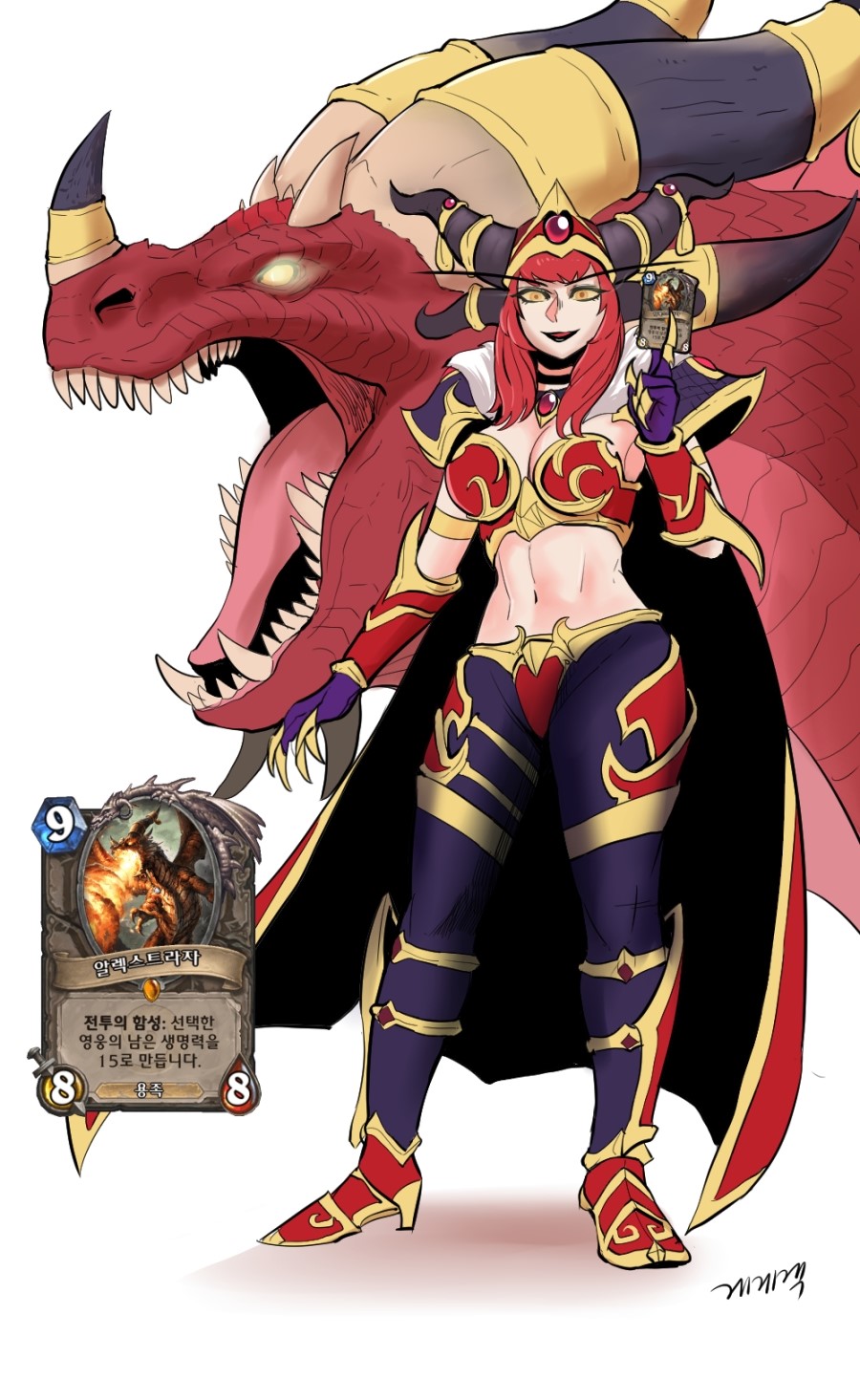 1girl alexstrasza armlet armor black_lips brooch cape card crown dragon dragon_horns full_body fur-trimmed_cape fur_trim gegegekman glowing glowing_eyes greaves hand_up hearthstone highres holding holding_card horn_ornament horns jewelry long_eyebrows medium_bangs midriff multiple_forms navel nostrils open_mouth orange_eyes pants photo_inset red_hair red_scales scales sharp_teeth shoulder_armor signature stomach strapless teeth trading_card vambraces warcraft western_dragon white_background world_of_warcraft