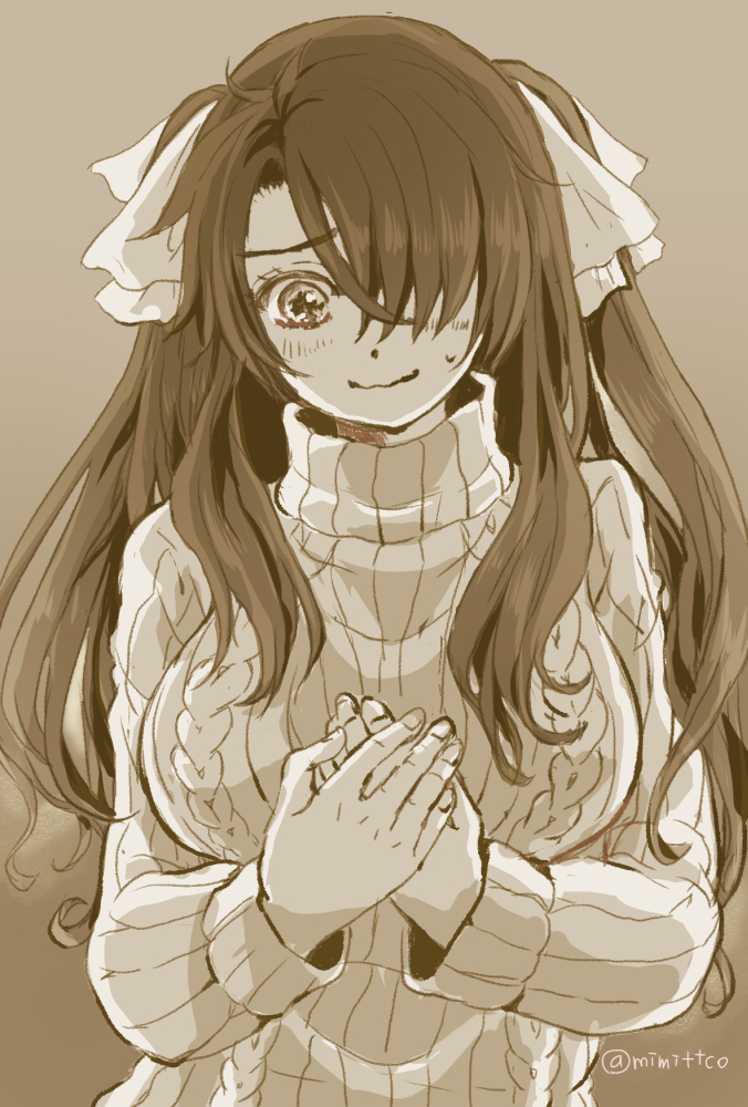 1boy averting_eyes blush breast_padding closed_mouth fate/grand_order fate_(series) fujimaru_ritsuka_(male) hair_over_one_eye hair_ribbon long_hair long_sleeves male_focus mimittco monochrome own_hands_together ribbed_sweater ribbon smile solo sweater turtleneck turtleneck_sweater twitter_username two_side_up upper_body wavy_mouth yellow_theme