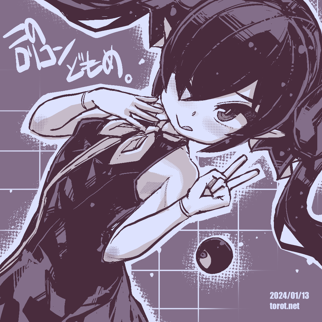 1girl ;q backbeako backbeard blush closed_mouth commentary dated dated_commentary dress dutch_angle gegege_no_kitarou gloves hair_over_one_eye hair_ribbon hands_up kono_lolicon_domome long_hair looking_at_viewer monochrome neckerchief one_eye_closed original paid_reward_available pointy_ears ribbon ringed_eyes simple_background sleeveless sleeveless_dress smile solo tongue tongue_out torotei translated twintails upper_body v web_address