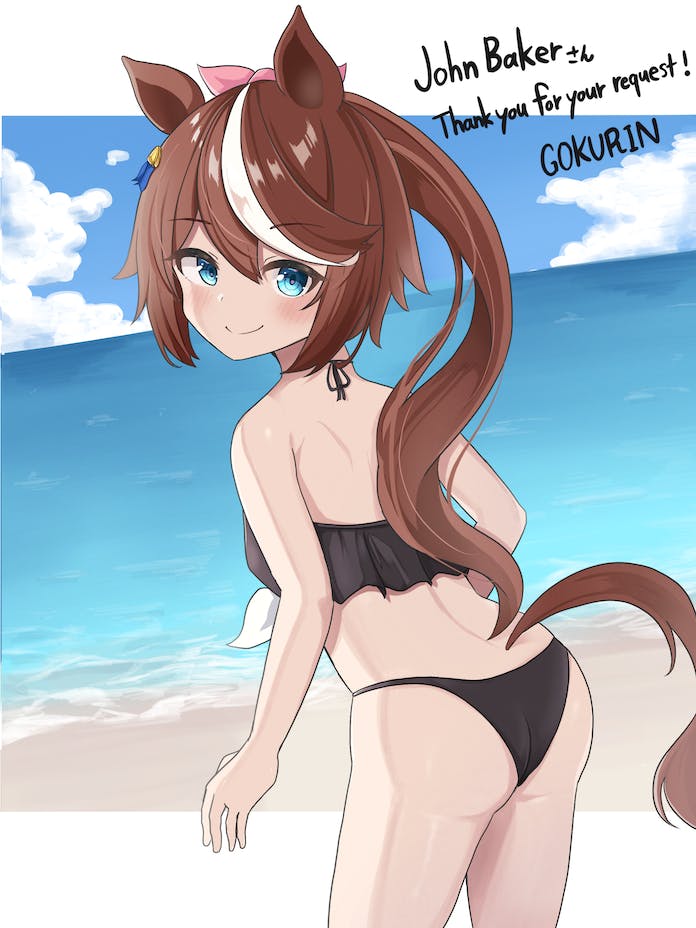 1girl alternate_costume animal_ears artist_name ass beach bikini black_bikini blue_eyes blue_ribbon blush border brown_hair brown_tail closed_mouth cloud commentary commission cowboy_shot day ear_ribbon english_commentary frilled_bikini frills from_behind gokurin hair_between_eyes hair_ribbon horizon horse_ears horse_girl horse_tail jpeg_artifacts leaning_forward long_hair looking_at_viewer multicolored_hair ocean outdoors outside_border pink_ribbon ponytail ribbon skeb_commission solo split_mouth standing streaked_hair swimsuit tail thank_you tokai_teio_(umamusume) turning_head umamusume white_border white_hair