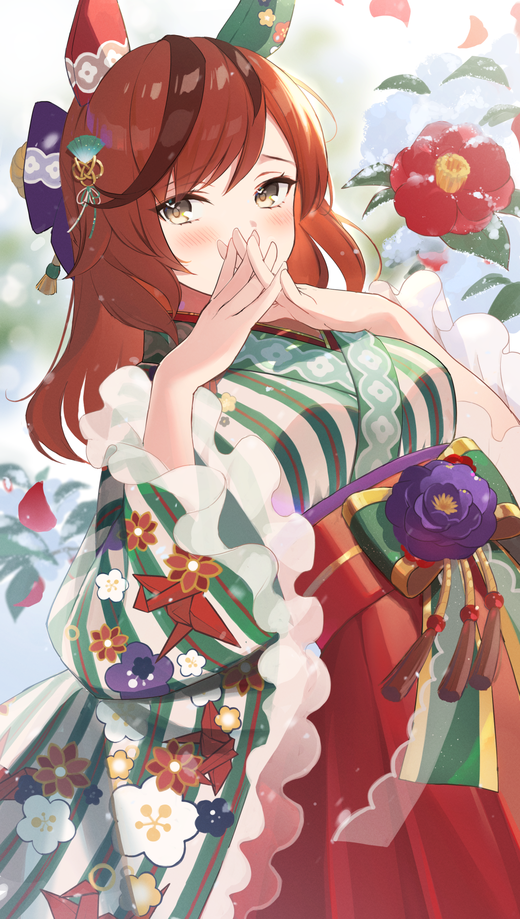 1girl animal_ears blush breasts brown_eyes brown_hair ear_covers hair_ornament hand_on_own_face highres horse_ears horse_girl japanese_clothes kimono kkokko long_hair long_sleeves looking_at_viewer medium_hair multicolored_hair nice_nature_(negaino_kasane)_(umamusume) nice_nature_(umamusume) obi official_alternate_costume official_alternate_hairstyle outdoors print_kimono red_hair sash solo streaked_hair striped striped_kimono twintails umamusume vertical_stripes