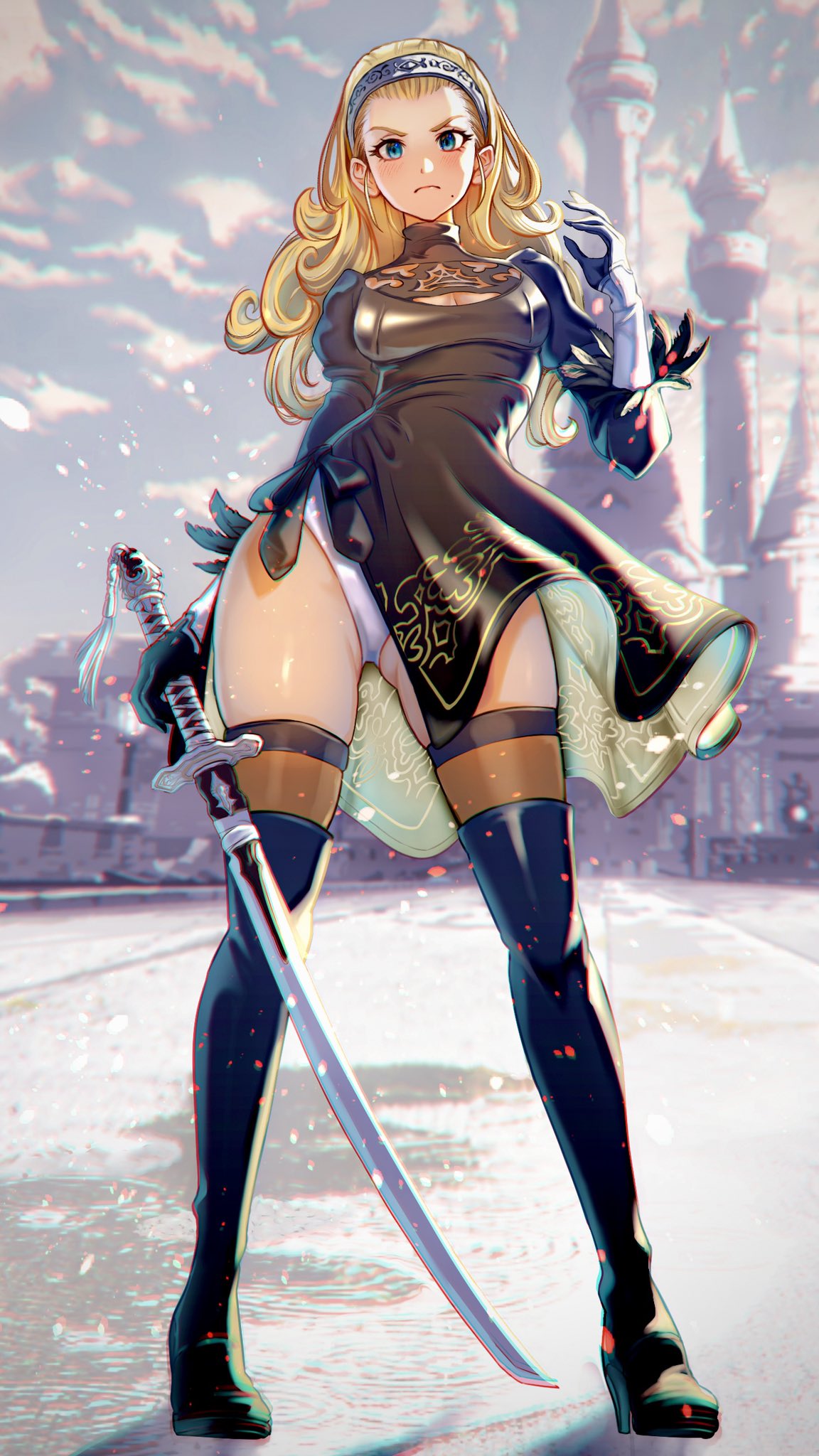 1girl 2b_(nier:automata) 2b_(nier:automata)_(cosplay) anlucea black_dress black_footwear black_gloves blonde_hair blue_eyes blurry blurry_background boots breasts cleavage_cutout closed_mouth clothing_cutout cloud cloudy_sky commentary cosplay curly_hair dragon_quest dragon_quest_x dress feather-trimmed_sleeves full_body gloves hair_pulled_back hairband hand_up highres holding holding_sword holding_weapon juliet_sleeves leotard light_particles long_hair long_sleeves looking_at_viewer medium_breasts mole mole_under_mouth nier:automata nier_(series) numao_sub puffy_sleeves skindentation sky solo standing sword thigh_boots turtleneck_dress weapon white_leotard