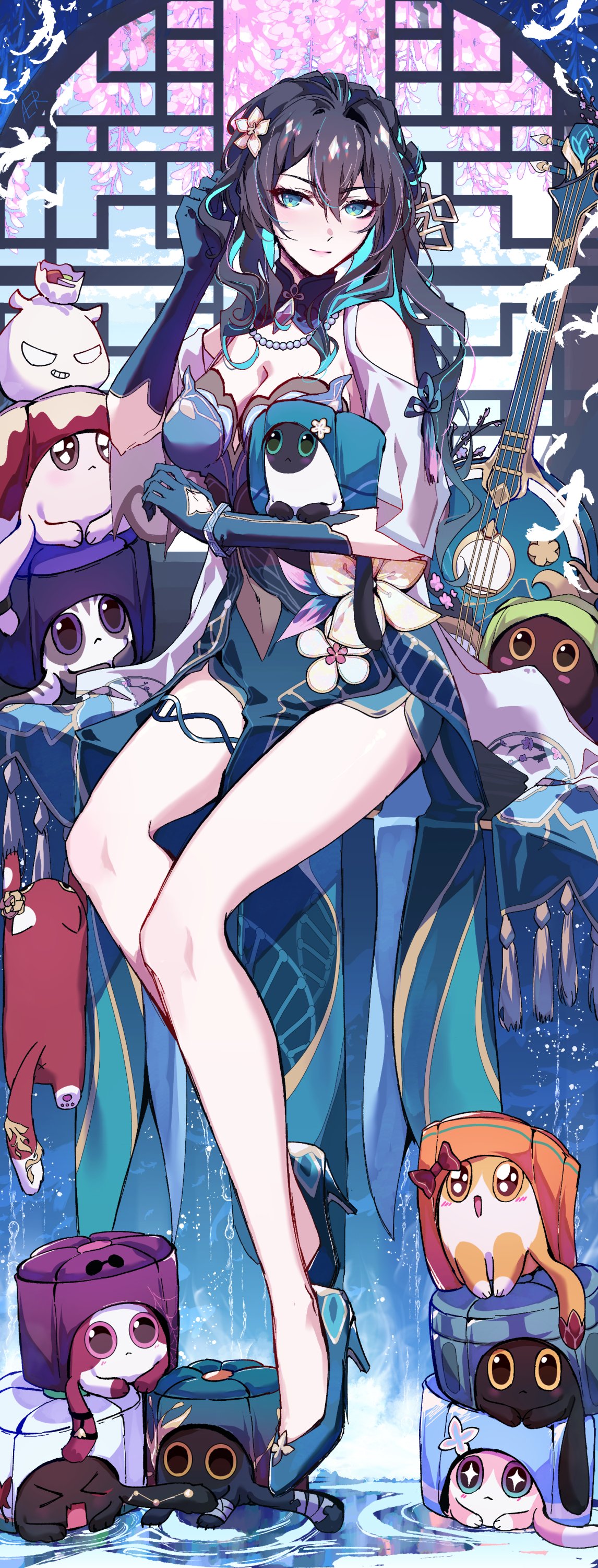 1girl absurdres aer007580 aqua_dress aqua_eyes aqua_gloves bare_shoulders bead_necklace beads black_hair breasts brown_hair chinese_clothes cleavage clothing_cutout critter_pick_(honkai:_star_rail) dress gloves green_dress green_gloves highres honkai:_star_rail honkai_(series) jewelry light_smile long_hair looking_at_viewer medium_breasts necklace pearl_necklace ruan_mei_(honkai:_star_rail) shoulder_cutout solo thighs