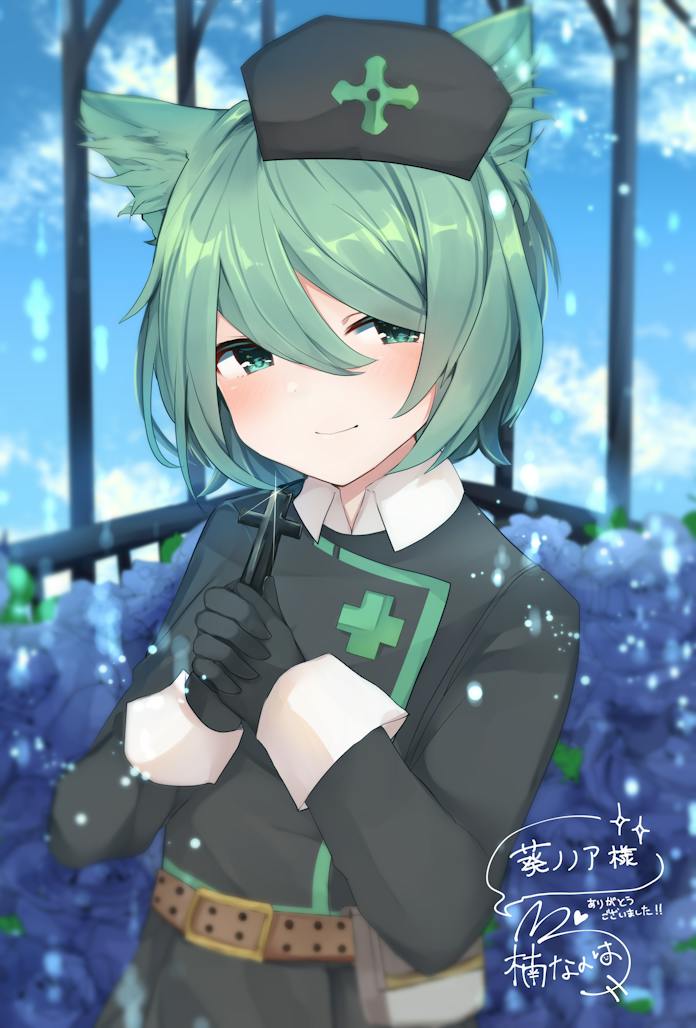 1girl animal_ear_fluff animal_ears artist_name belt black_gloves black_headwear black_jacket blue_flower blue_rose blurry blurry_background blush brown_belt cat_ears cat_girl closed_mouth collared_shirt commentary_request commission cross flower flower_bed glint gloves greek_cross green_eyes green_hair hair_between_eyes hands_up hat heart holding holding_cross interlocked_fingers jacket jpeg_artifacts karasusou_nano latin_cross light_particles long_sleeves looking_at_viewer original own_hands_clasped own_hands_together plant rose shirt short_hair signature skeb_commission smile solo upper_body white_shirt