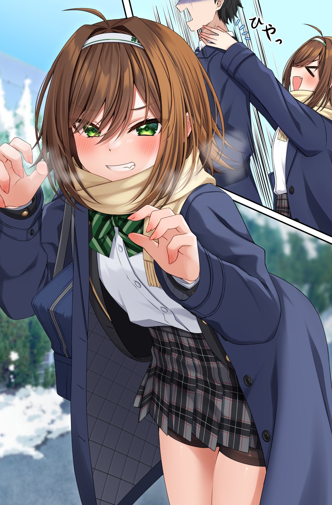 &gt;_&lt; 1boy 1girl :d ahoge bike_shorts black_shorts blazer blue_coat blue_jacket blue_sky blush bow brown_hair brown_scarf closed_eyes coat commentary_request day diagonal-striped_bow diagonal_stripes fang fringe_trim green_bow green_eyes grey_skirt grin hair_between_eyes hair_intakes hairband haru_(kuzuyu) highres jacket komori_kuzuyu open_clothes open_coat original outdoors plaid plaid_skirt pleated_skirt profile scarf school_uniform shirt short_shorts shorts shorts_under_skirt skirt sky smile striped turn_pale white_hairband white_shirt xd