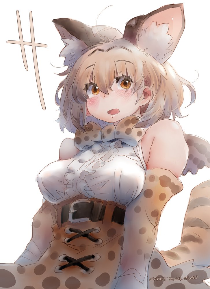 1girl animal_ears black_hair blonde_hair blush bow bowtie breasts elbow_gloves extra_ears gloves kemono_friends large_breasts nyororiso_(muyaa) open_mouth print_bow print_bowtie serval_(kemono_friends) serval_print shirt short_hair skirt sleeveless sleeveless_shirt smile tail