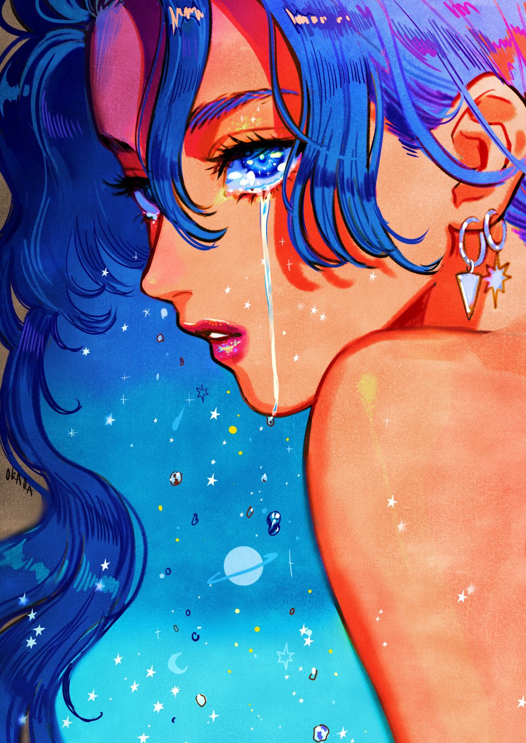 1girl bare_shoulders blue_eyes blue_hair blue_theme brown_background commentary crescent crying earrings english_commentary eyelashes eyeshadow from_side hair_behind_ear hair_between_eyes highres jewelry lipstick looking_at_viewer makeup okada_(hoooojicha) original parted_lips portrait red_lips solo sparkle star_(symbol) tears triangle_earrings wavy_hair