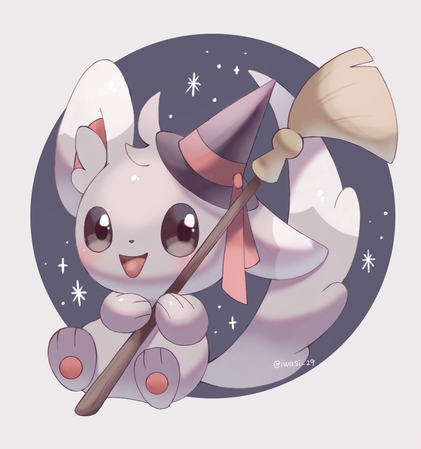 animal_focus artist_name black_background black_eyes broom commentary_request grey_fur halloween_costume hat holding holding_broom iwasi_29 minccino no_humans open_mouth outside_border pawpads pokemon pokemon_(creature) sitting smile twitter_username witch_hat