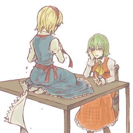 alice_margatroid ascot bad_id bad_pixiv_id blonde_hair charin green_hair hairband kazami_yuuka lowres multiple_girls plaid plaid_skirt plaid_vest red_eyes short_hair sitting skirt skirt_set table touhou undressing vest