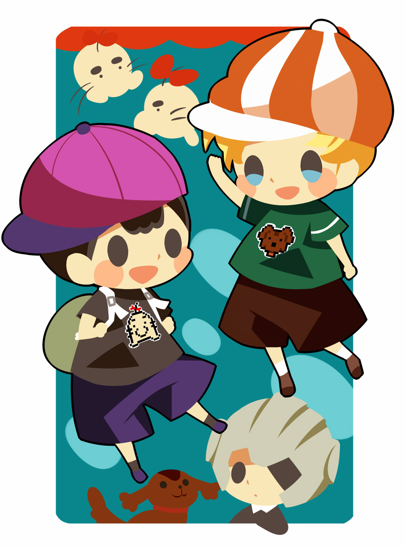 3boys black_shirt blush_stickers boney border brown_dog brown_shorts character_print doseisan green_shirt hat hitofutarai lucas_(mother_3) male_focus masked_man_(mother_3) mother_(game) mother_2 mother_3 multiple_boys ness_(mother_2) open_mouth purple_headwear shirt short_sleeves shorts sideways_hat striped striped_headwear super_smash_bros. white_border