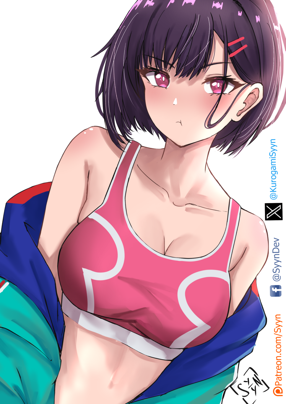 1girl :t blue_jacket breasts collarbone english_commentary facebook_username green_jacket hair_behind_ear hair_ornament hairclip highres jacket large_breasts looking_at_viewer mikazuki_shizuka multicolored_clothes multicolored_jacket off_shoulder patreon_username pink_eyes pink_sports_bra pout purple_hair red_jacket short_hair solo sports_bra syyn_(syyndev) twitter_username upper_body white_background zom_100:_zombie_ni_naru_made_ni_shitai_100_no_koto
