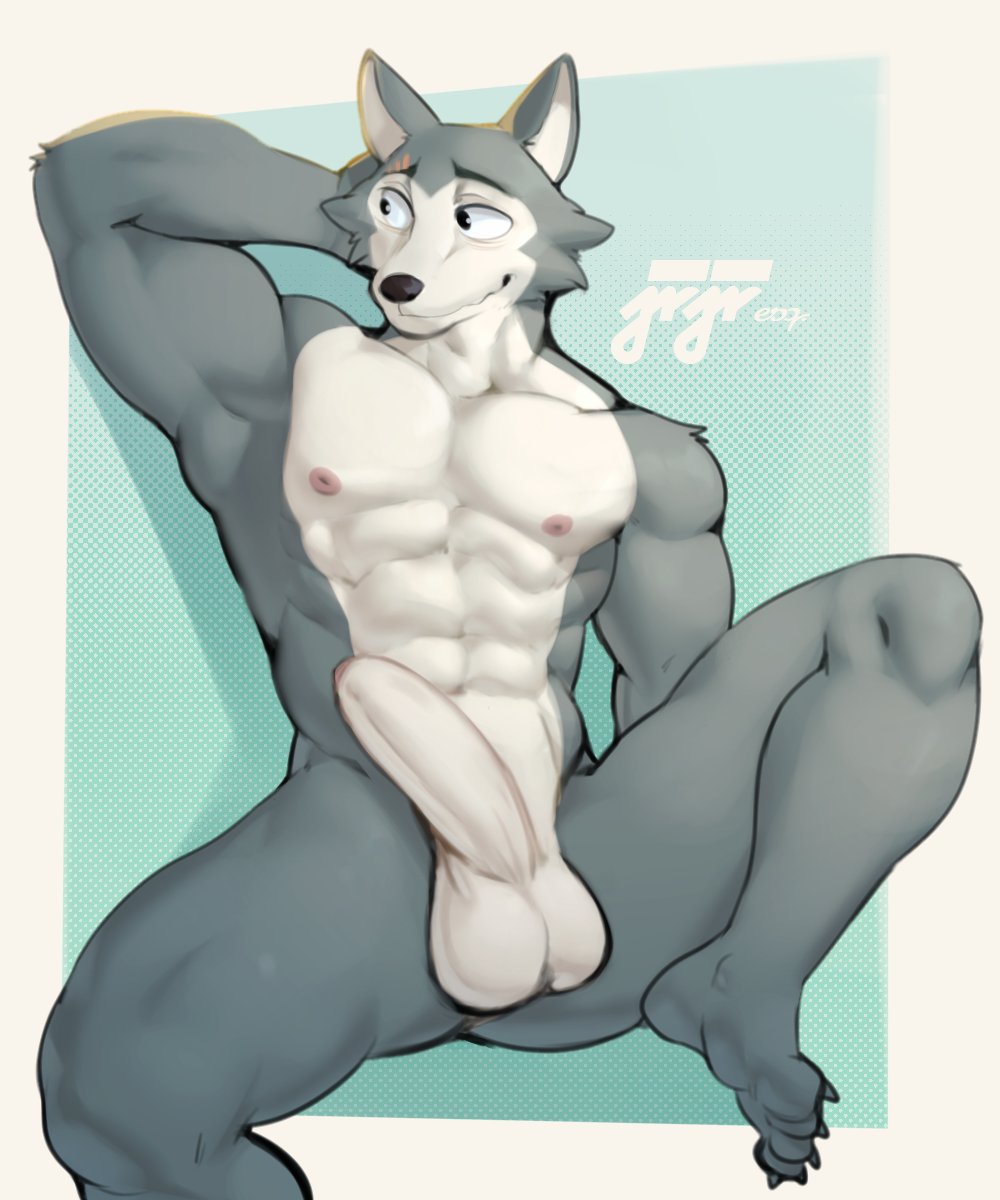 abs anthro balls beastars canid canine canis claws erection feet foreskin fur genitals grey_body grey_fur hand_behind_head hi_res humanoid_genitalia humanoid_penis jrjresq legoshi_(beastars) male mammal muscular muscular_anthro muscular_male nipples pecs penis smile solo toe_claws wolf