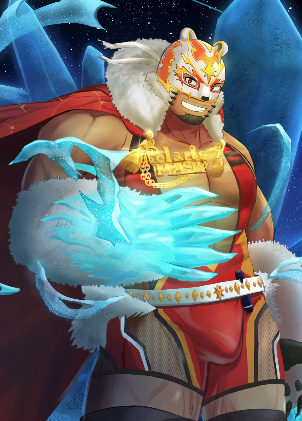 1boy bara bear_mask bear_paws bodysuit brown_eyes bulge cape cryokinesis crystal dark-skinned_male dark_skin facial_hair feet_out_of_frame fishnet_cutout fur_trim goatee goatee_stubble grin highres huge_pectorals konpei_daidai live_a_hero looking_at_viewer male_focus mask muscular muscular_male official_alternate_costume polaris_mask_(live_a_hero) red_bodysuit red_cape short_hair singlet sky smile solo standing star_(sky) starry_sky wrestling_mask wrestling_outfit