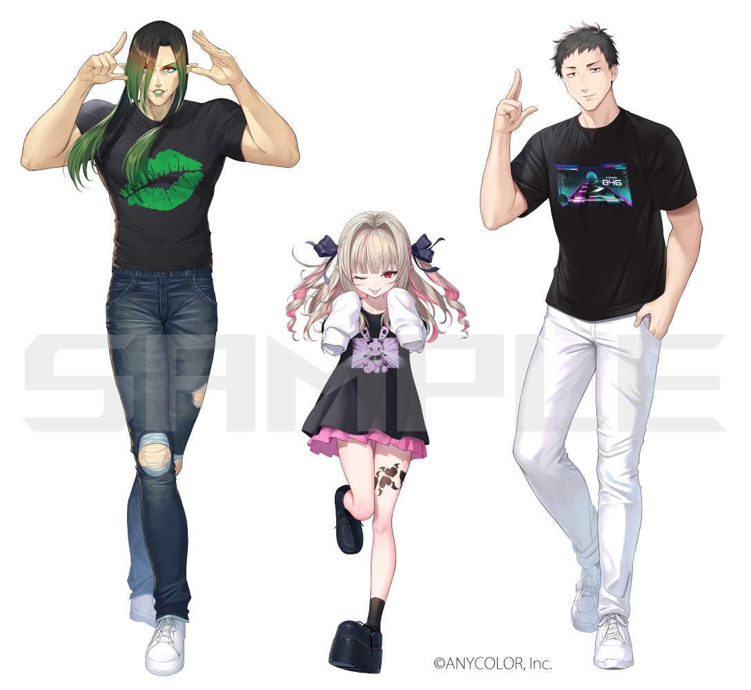 1girl 2boys black_eyes black_footwear black_hair black_shirt blonde_hair blunt_bangs denim full_body gradient_hair green_hair hanabatake_chaika hand_in_pocket jeans long_hair makaino_ririmu matanonki multicolored_hair multiple_boys nijisanji official_art one_eye_closed pants pink_hair platform_footwear red_eyes sample_watermark shirt short_sleeves sleeves_past_fingers sleeves_past_wrists streaked_hair t-shirt torn_clothes torn_pants two_side_up virtual_youtuber watermark white_footwear white_pants yashiro_kizuku