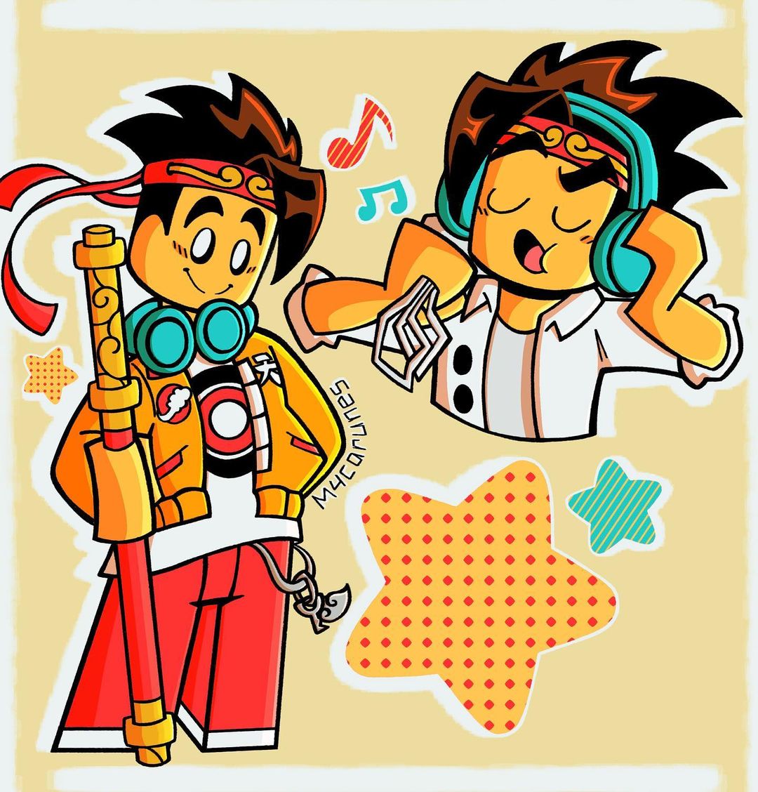 bandana blue_headphones blush charm_(object) chinese_text colored_skin eighth_note headphones keychain lego m4carunes mk_(monkie_kid) monkie_kid musical_note open_mouth pants red_pants smile spiked_hair staff star_(symbol) upper_body yellow_background yellow_skin