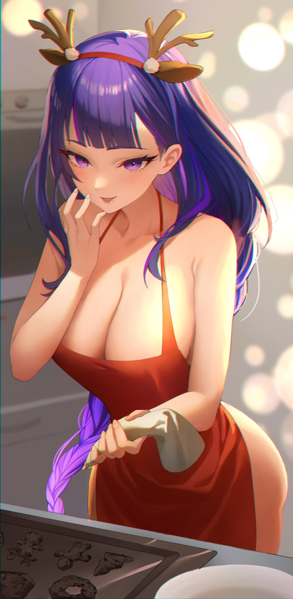 1girl alternate_costume apron baking_sheet braid braided_ponytail breasts cleavage collarbone english_commentary fake_antlers fingernails genshin_impact hair_behind_ear hairband hand_up highres holding_pastry_bag indoors kitchen large_breasts lips long_hair looking_at_viewer naked_apron parted_lips pastry_bag purple_eyes purple_hair raiden_shogun red_apron ricin sidelocks solo very_long_hair