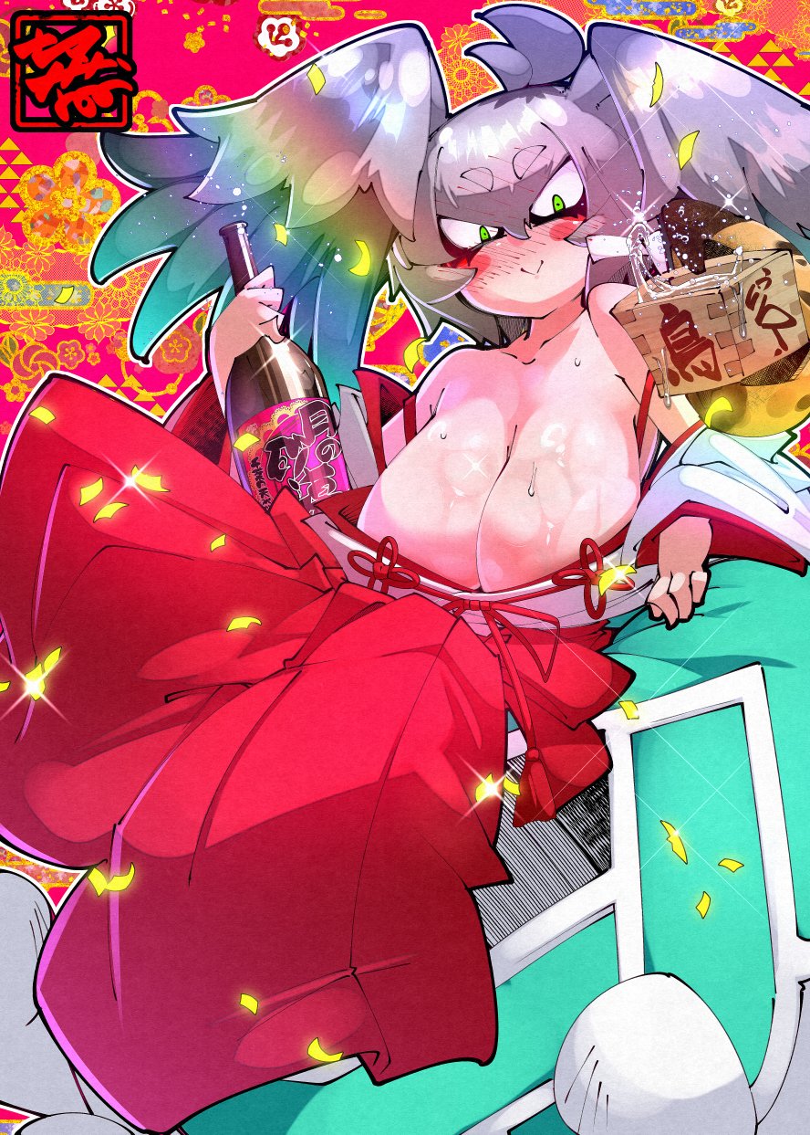 1girl alcohol black_hair blush_stickers bottle breasts chihaya_(clothing) cleavage closed_mouth drunk green_eyes grey_hair hair_between_eyes hakama head_wings highres holding holding_bottle huge_breasts japanese_clothes kemono_friends kimono long_hair looking_at_viewer miko multicolored_hair nananana_nanana off_shoulder red_hakama ribbon-trimmed_sleeves ribbon_trim sake sake_bottle shirt shoebill_(kemono_friends) sidelocks smile solo white_kimono wide_sleeves wings