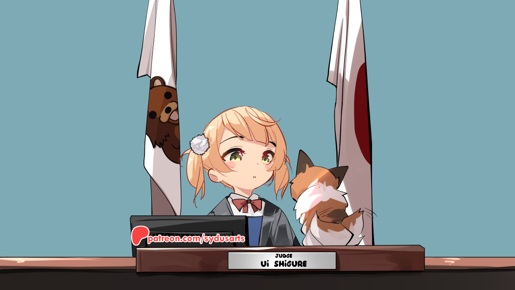 1girl blush_stickers bow bowtie commentary dog english_commentary green_eyes hair_ornament hammer holding holding_hammer indie_virtual_youtuber japanese_flag judge open_mouth patreon_username pedobear pom_pom_(clothes) pom_pom_hair_ornament red_bow red_bowtie shigure_ui_(vtuber) shigure_ui_(young)_(vtuber) short_hair solo sydus tail tail_wagging twintails virtual_youtuber web_address