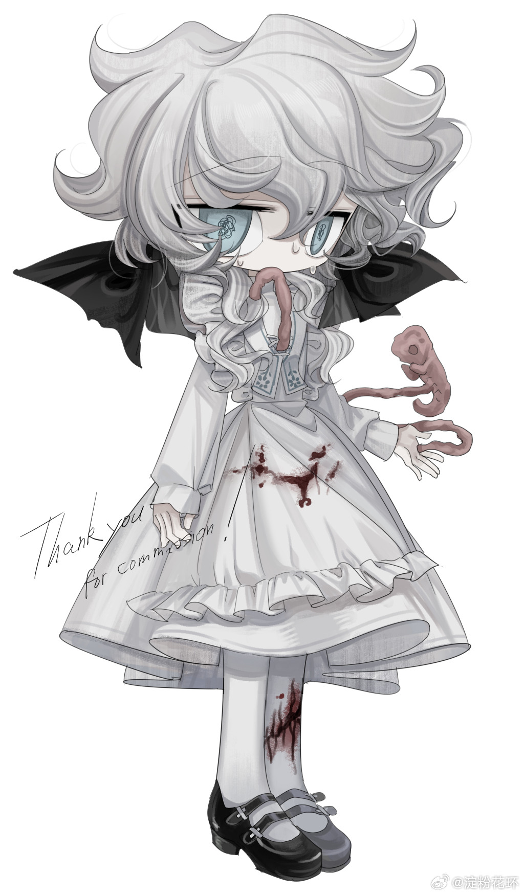 1girl black_wings blood blood_on_clothes blood_on_leg blue_eyes commission dress fetus frilled_sleeves frills full_body grey_hair guro highres intestines meyou_0319 original short_hair socks standing very_short_hair white_background white_dress white_socks wings