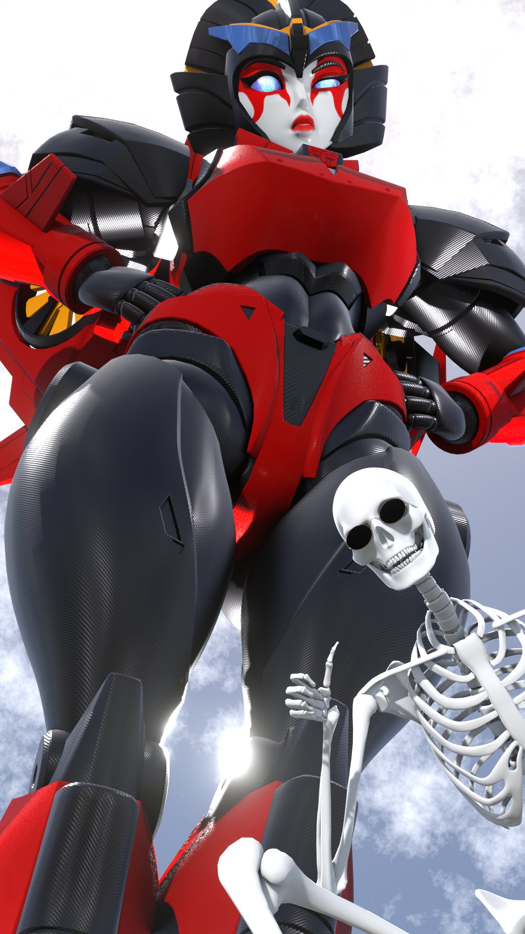 1girl 3d blender_(medium) bloney blue_eyes breasts hands_on_own_hips highres humanoid_robot makeup medium_breasts panties red_lips red_panties robot robot_girl skeleton thick_thighs thighs transformers underwear windblade