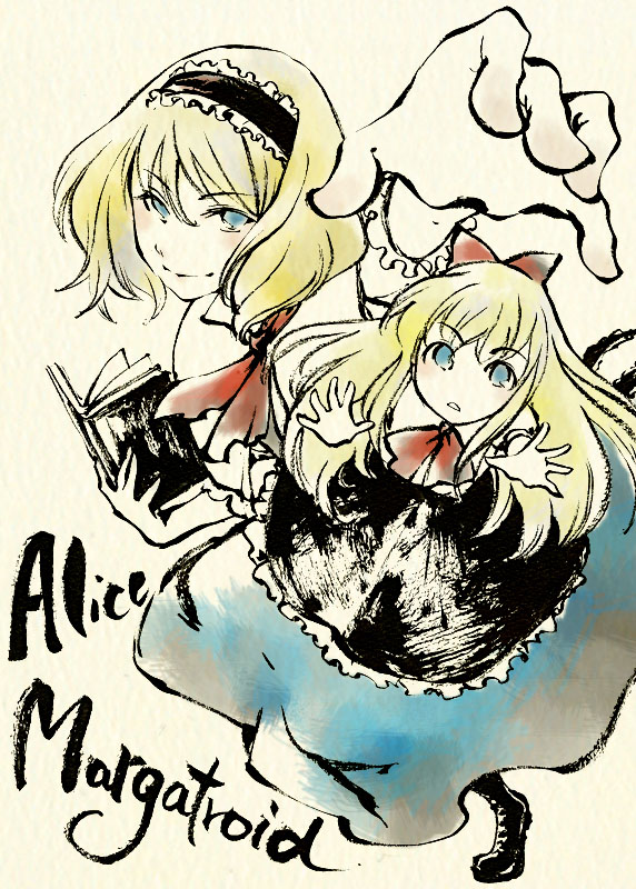 alice_margatroid ascot beige_background blonde_hair book bow flying frills grimoire grimoire_of_alice hair_bow hairband long_hair long_sleeves looking_at_viewer red_bow shanghai_doll short_hair shou_shishi simple_background solo touhou very_long_hair