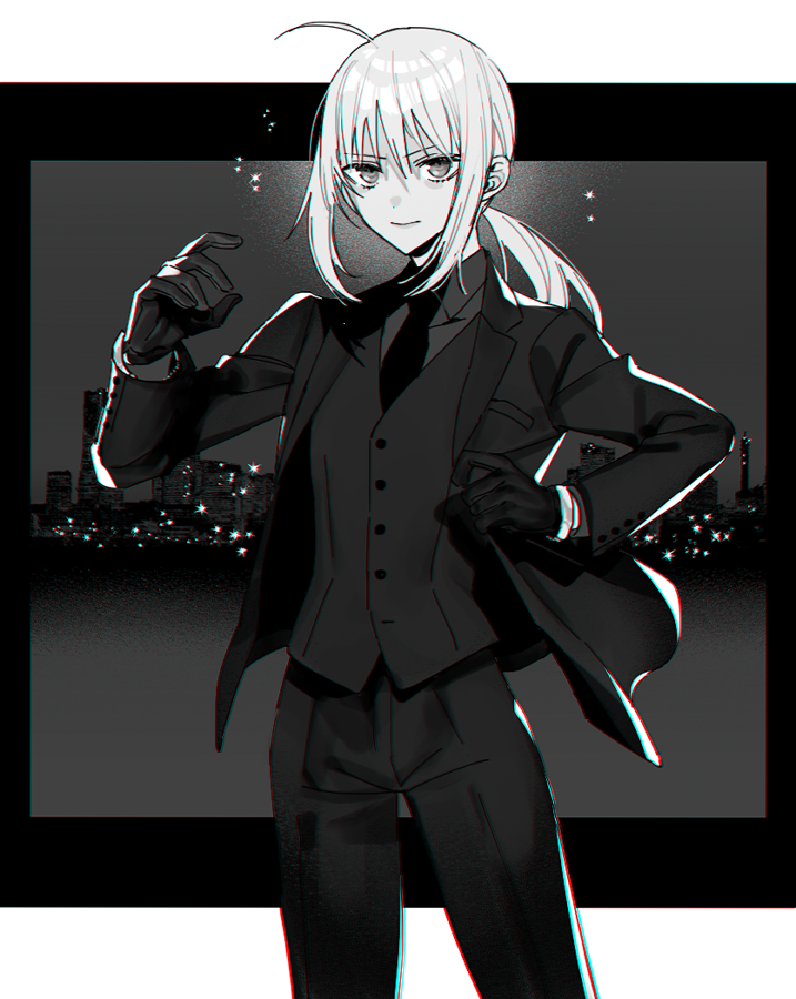 1girl adjusting_clothes ahoge artoria_pendragon_(fate) city closed_mouth collared_shirt cowboy_shot fate/zero fate_(series) gloves greyscale hand_up jacket kanitama_(putyourhead) letterboxed light_smile looking_at_viewer medium_hair monochrome necktie open_clothes open_jacket pant_suit pants ponytail saber_(fate) shirt sidelocks skyline solo suit vest