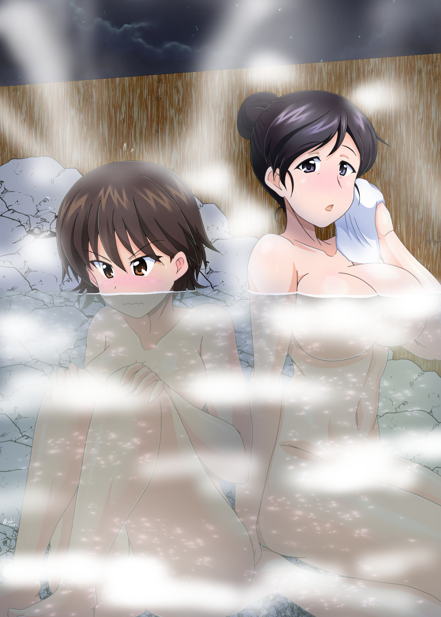 2girls bath bathing black_eyes black_hair blush breasts brown_eyes brown_hair commentary_request commission completely_nude english_commentary girls_und_panzer hair_bun hands_on_own_knees highres holding holding_towel isobe_noriko isuzu_yuri large_breasts mature_female mixed-language_commentary multiple_girls navel night nude ofuro outdoors partial_commentary pixiv_commission short_hair side-by-side sitting steam towel wariza yohinori