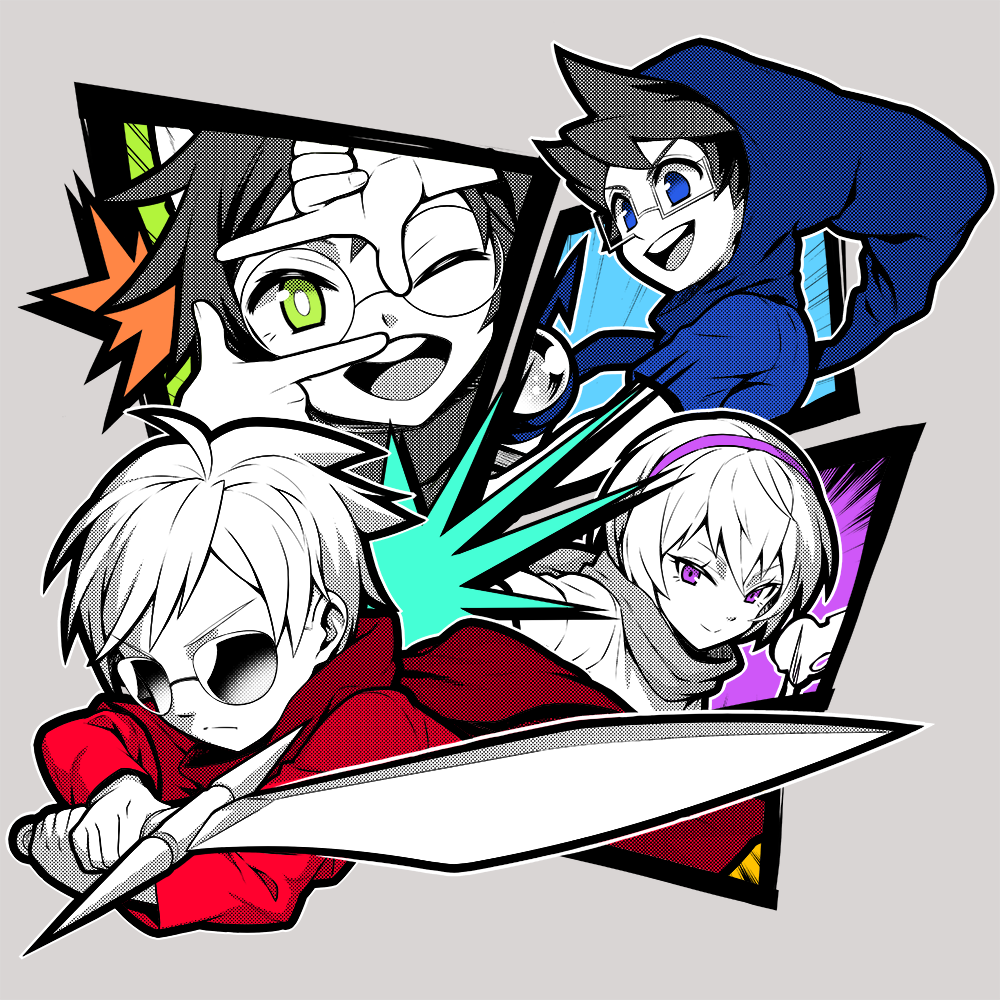 2boys 2girls animal_ears black_hair blue_eyes blue_hood blue_shirt buck_teeth cape closed_mouth colored_skin commentary_request dave_strider dog_ears finger_frame glasses green_eyes grey_background hairband holding holding_sword holding_weapon homestuck jade_harley john_egbert light_frown limited_palette looking_at_viewer multiple_boys multiple_girls nijuu open_mouth purple_eyes purple_hairband rectangular_eyewear red_cape red_tunic rose_lalonde round_eyewear semi-rimless_eyewear shirt smile sunglasses sword teeth under-rim_eyewear upper_teeth_only v-shaped_eyebrows weapon white_hair white_skin