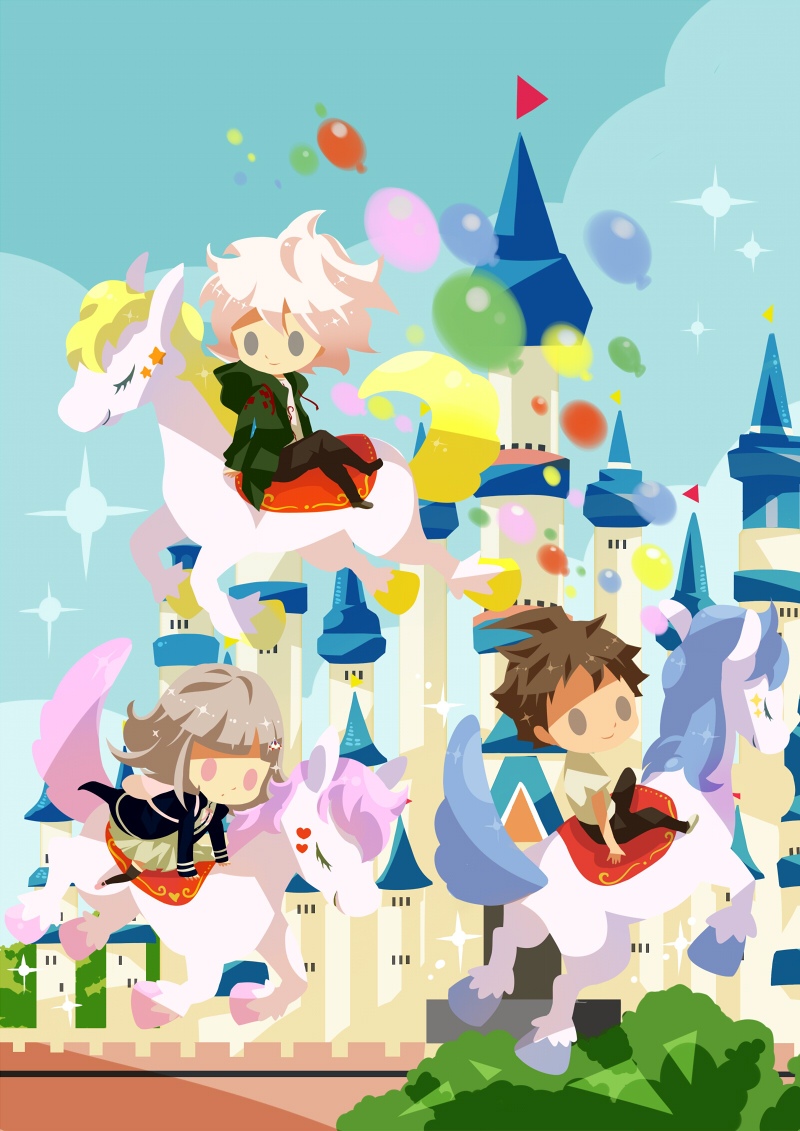 1girl 2boys backpack bag balloon black_pants brown_hair chibi closed_mouth coat danganronpa_(series) danganronpa_2:_goodbye_despair flying_animal green_coat grey_eyes grey_skirt hinata_hajime hitofutarai komaeda_nagito multiple_boys nanami_chiaki pants pink_bag pink_eyes saddle shirt skirt smile white_hair white_horse white_shirt