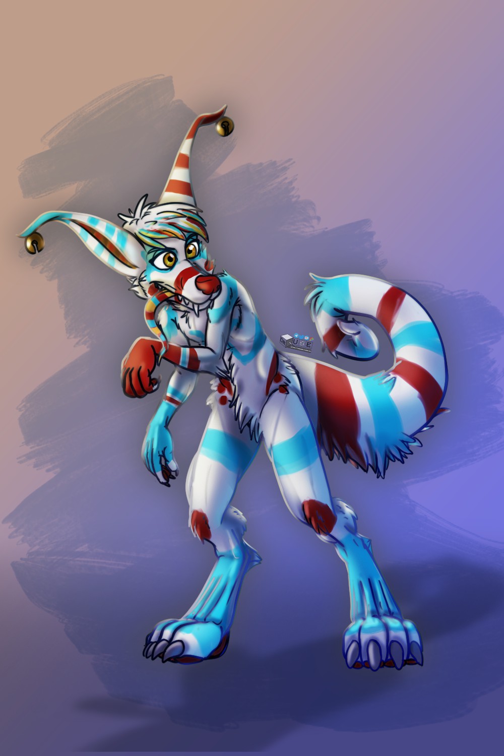 bell blue_pattern crux digitigrade drqube ear_piercing ear_ring fur grin hi_res long_ears male multicolored_body multicolored_fur piercing red_nose red_pattern ring_piercing smile tail teeth_showing unfinished white_body white_fur yellow_eyes
