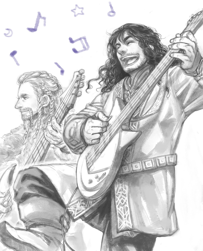 bass_guitar beard brothers facial_hair fili greyscale guitar instrument kili_(the_hobbit) merumeru626 monochrome multiple_boys siblings the_hobbit