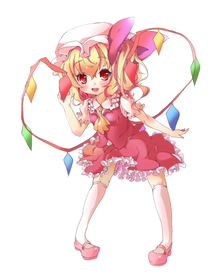 ascot bad_id bad_pixiv_id blonde_hair fang flandre_scarlet frills full_body hat hat_ribbon kneehighs leaning_forward looking_at_viewer mary_janes mob_cap nahano_(st050435) open_mouth pigeon-toed red_eyes ribbon shoes short_hair short_sleeves side_ponytail simple_background skirt skirt_set solo touhou white_background white_legwear wings