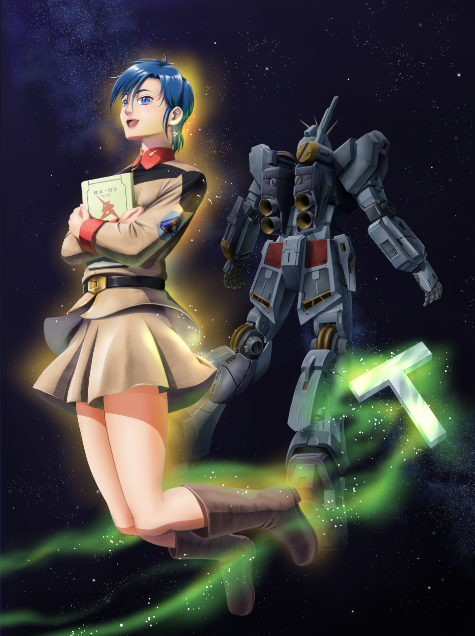 1girl belt blue_eyes blue_hair book boots chan_agi char's_counterattack commentary_request earth_federation fantasy ghost glowing gundam highres holding holding_book machinery mecha military_uniform miniskirt mobile_suit nu_gundam psycho_frame robot science_fiction skirt soichi_nagayuki space spoilers thrusters zero_gravity