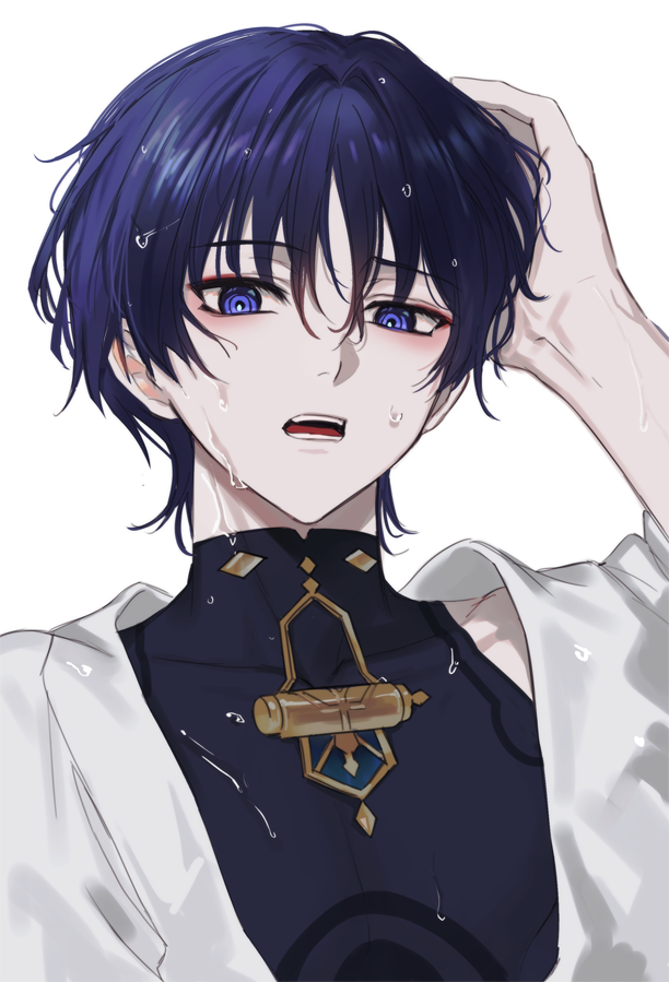 1boy bishounen black_bodysuit blue_eyes blue_hair blunt_ends bodysuit bright_pupils covered_collarbone eyeliner eyeshadow fractalmagnolia genshin_impact hair_between_eyes hair_intakes half-closed_eye hand_on_own_head japanese_clothes kimono looking_at_viewer looking_down loose_hair_strand makeup male_focus mandarin_collar open_clothes open_kimono open_mouth red_eyeliner red_eyeshadow ringed_eyes scaramouche_(genshin_impact) shoulder_peek solo teeth tongue upper_body wanderer_(genshin_impact) wet wet_clothes wet_hair white_background white_kimono white_pupils white_sleeves