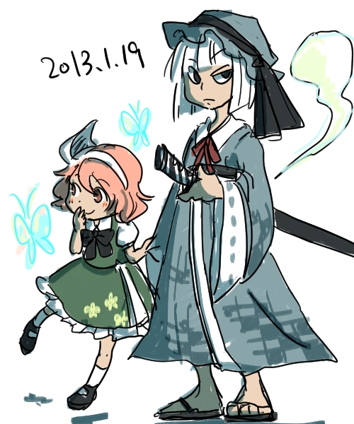 age_switch annoyed cosplay costume_switch konpaku_youmu konpaku_youmu_(cosplay) konpaku_youmu_(ghost) marukei_(kuramaruk) multiple_girls older role_reversal saigyouji_yuyuko saigyouji_yuyuko_(cosplay) sketch touhou younger