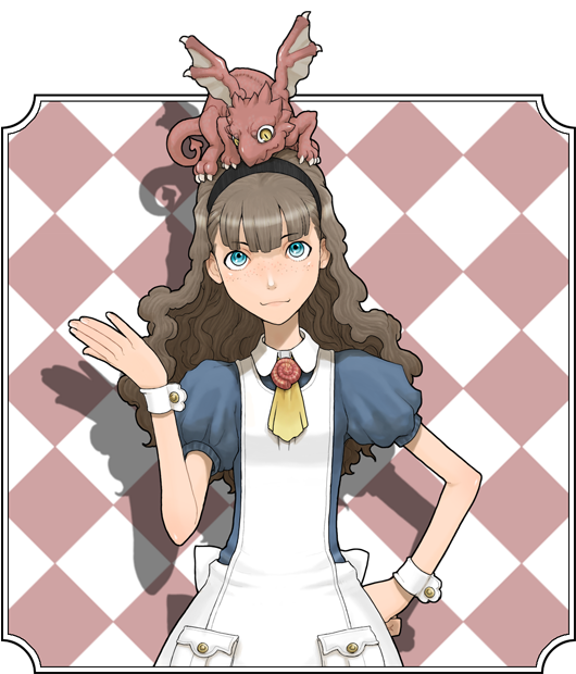 animal animal_on_head apron blue_eyes brown_hair copyright_request dragon dress freckles hairband hand_on_own_head long_hair momo_tai on_head solo wrist_cuffs younger