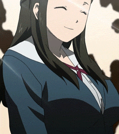 1girl animated animated_gif black_eyes black_hair bouncing_breasts breasts large_breasts long_hair lowres open_mouth school_uniform sket_dance solo standing talking unyuu_mimori