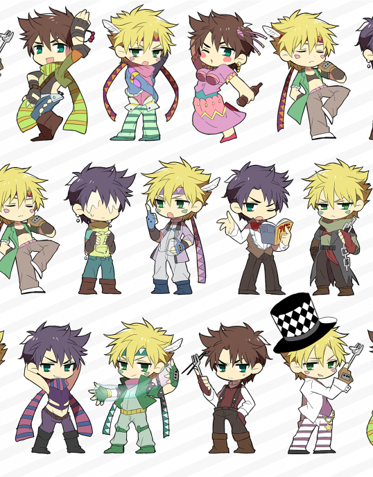 alternate_costume blonde_hair bow bowtie brown_hair bubble caesar_anthonio_zeppeli checkered checkered_hat chibi cloak dress facial_mark food fork formal green_eyes hat jacket jojo_no_kimyou_na_bouken joseph_joestar_(young) leotard male_focus midriff multiple_boys pants pasta pose purple_hair red_bow red_neckwear scarf striped striped_background striped_pants striped_scarf suit suspenders top_hat variations wet younger yuzuru_(xxelysionxx)