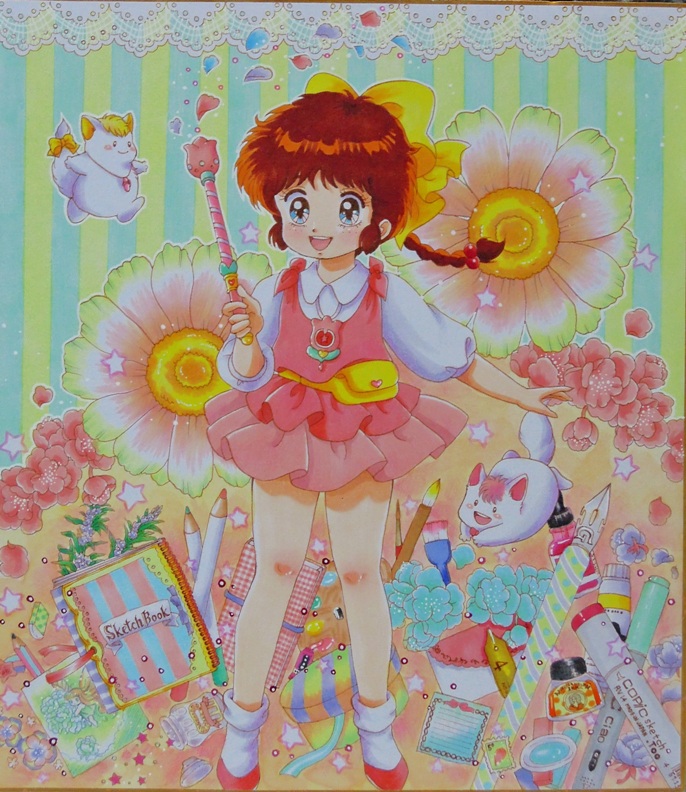 80s art_brush bare_legs blue_eyes bow braid brown_hair cherry_blossoms creature flower full_body hair_bobbles hair_bow hair_ornament hanazono_yumi kakimaru_(pastel_yumi) keshimaru_(pastel_yumi) long_hair mahou_no_idol_pastel_yumi mikiky oldschool paintbrush shikishi sketchbook smile star striped striped_background traditional_media vertical-striped_background vertical_stripes wand yellow_bow