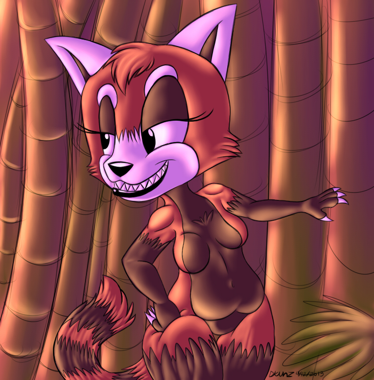 anthro bamboo big_butt breasts butt chubby claws digitalart female fluffy forest fur grin invalid_tag kuto lady mammal paint_tool_sai painting panda pinup pose red_panda solo tree voluptuous