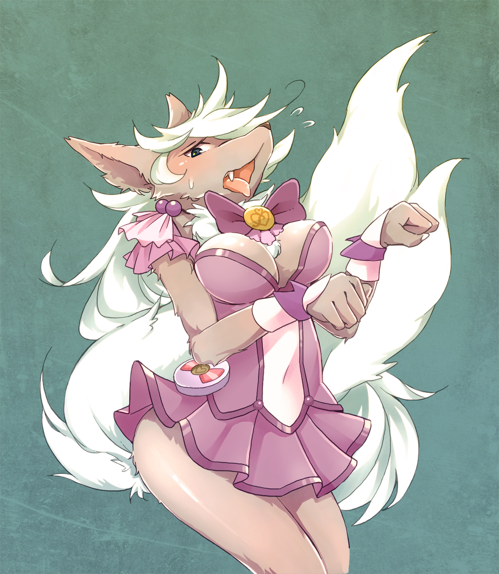 2012 anthro blue_eyes blush bow_tie breasts butt canine chest_tuft clothed clothing female fluffy fluffy_tail fur grey_fur mammal massana3 open_mouth paw_pose pretty_cure smile_pretty_cure solo sweat tongue tongue_out tuft white_fur wolf wolfrun