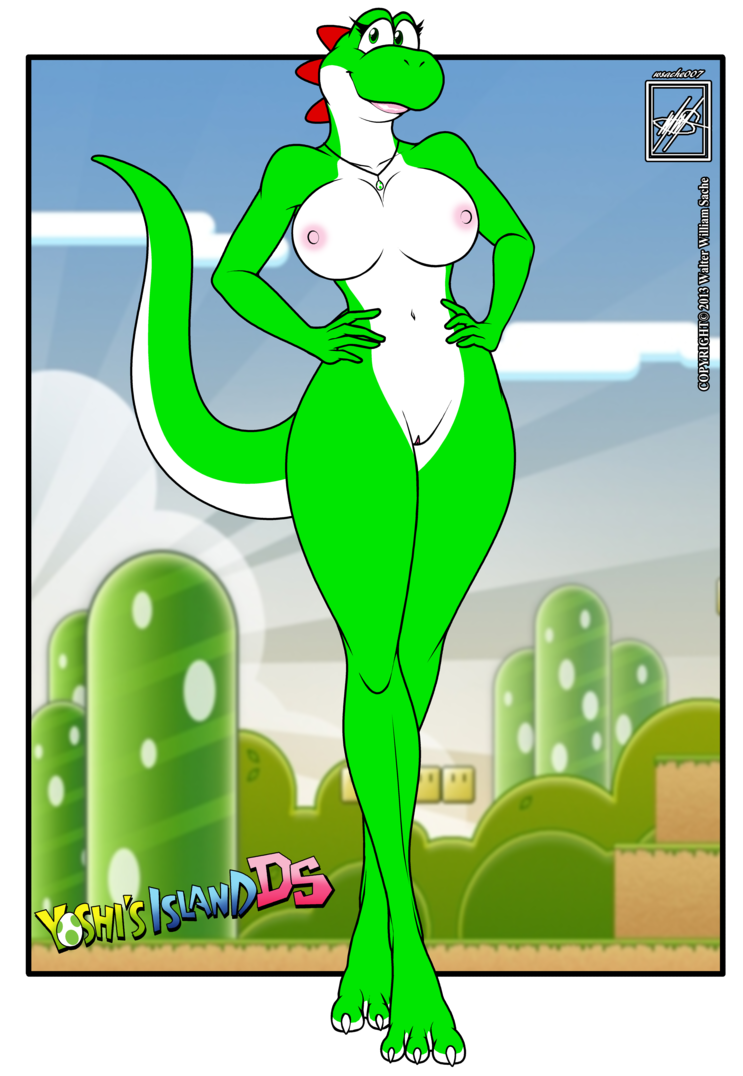 female green_eyes green_skin hands_on_hips invalid_color looking_at_ looking_at_viewer mario_bros necklace nintendo nipples pussy solo video_games walter_sache yoshi
